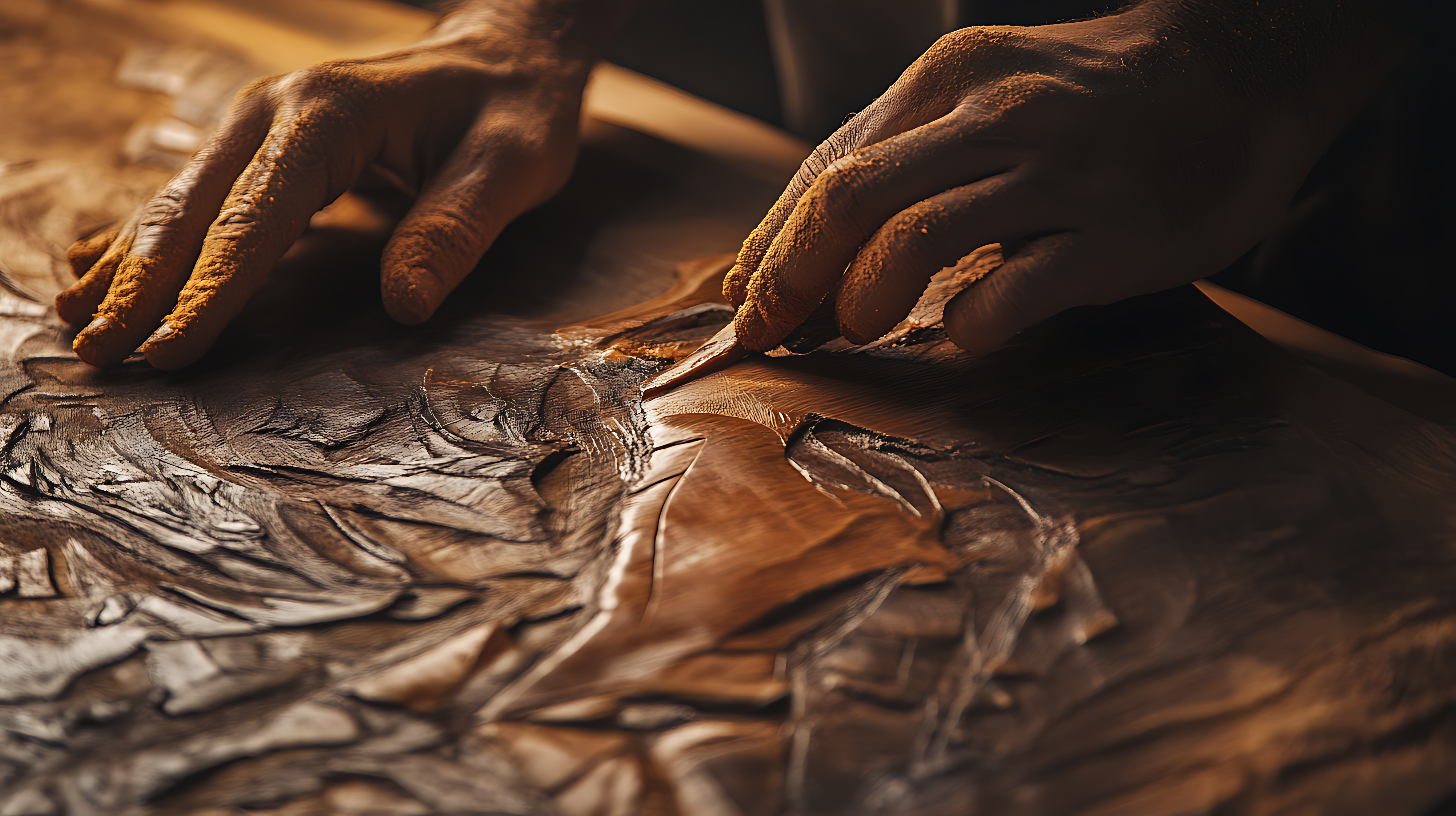 Hands carving an intricate piece out of a wooden block. Both hands are covered in golden dust, the entire scene is glowing.